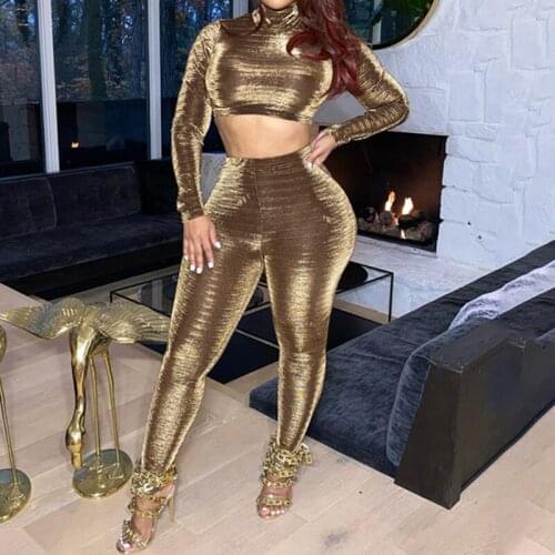 Autumn Winter Casual Fashion Club Streetwear Women Sexy Shiny Pants Sets High Neck Long Sleeve Crop Top + Leggings Trousers Suit