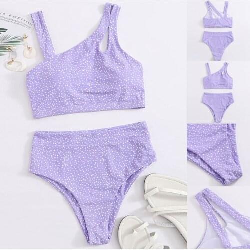 Womens Print Bikini 2-Piece Sexy High Waist Split Swimsuit Purple