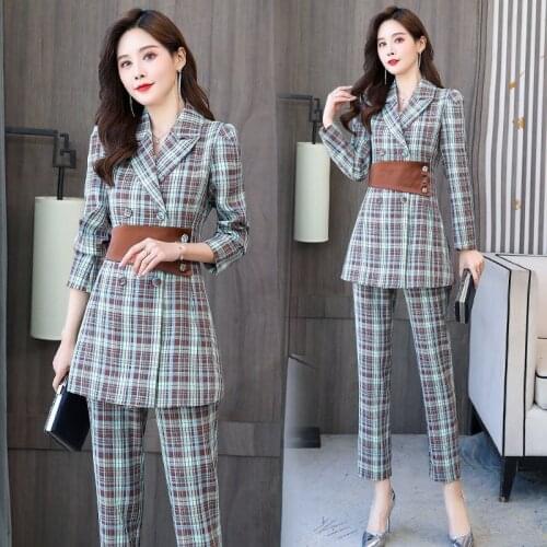 Womens Office Suit Notched Plaid Two-Piece Sets Female Blazer Elegant Temperament Pantsuit Setup Ladies Spring And Autumn
