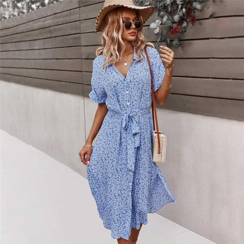 2021 Spring New Bandage Dress Women Casual Short Sleeve Button Floral Print Dress For Woman Summer Holiday Style Dress