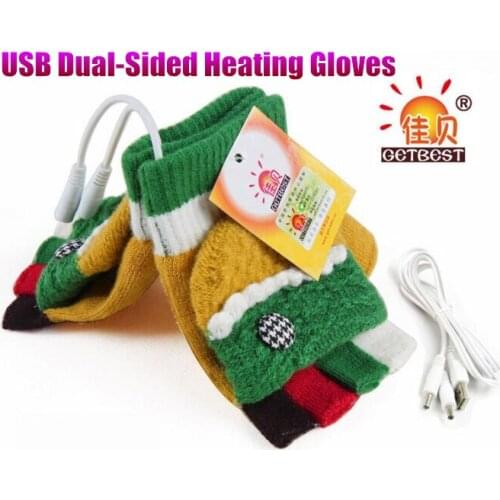 Winter Warm USB Dual-Sided Heating Gloves,Super Stretch Women Lady Girl Cute Lace Half-Finger Wool Knitting Glove,+Cable