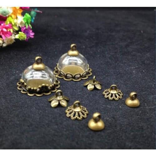 100sets/lot15mm half ball 15mm Glass Bubble & double lace/crown base set beads cap DIY glass cover vials pendant glass bottle