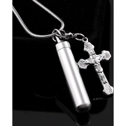 IJD9857 Newest in 2017 Stainless Steel Unisex Pill Ash Holder Cylinder Cremation Urn Pendant Necklace with Jesus Cross DIY Charm