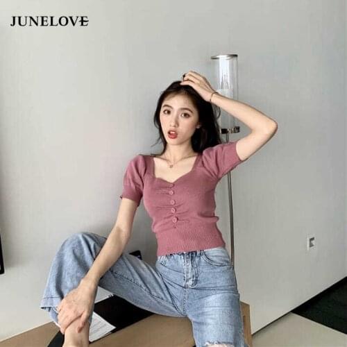 JuneLove Summer Knitted Vintage Button Tshirt Vintage Women Korean Short Seleeve T-Shirt Sexy V-Neck Crop Top Women Clthoes 2020