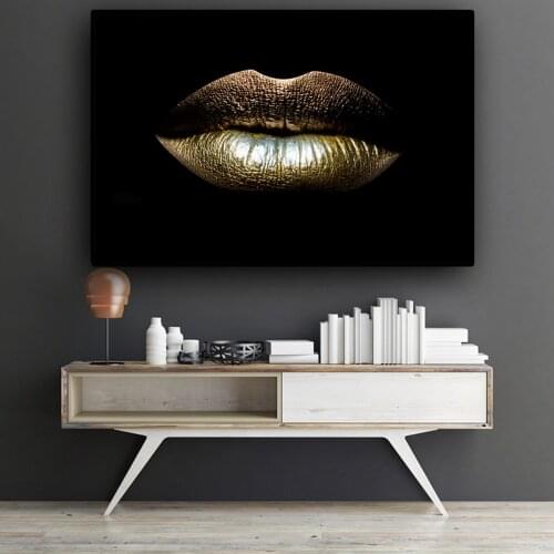 Black and Gold Sexy Lips Oil Painting on Canvas Beauty Makeup Posters and Print Wall Art Picture for Living Room Home Decoration