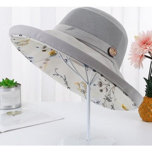 Caps Women Floral Interior Button Decor Wide Brim Sun Hat Outdoor Sports Bucket Cap