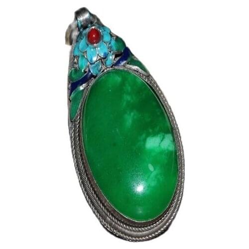 Chinese Old Craft Made Old Tibetan Silver Inlaid Green Jade Pendant