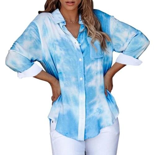 Summer Tie Dye Long Sleeve Turn-down Collar Blouse Women Clothes Casual Vintage Femme Streetwear Tops Plus Size Blouses