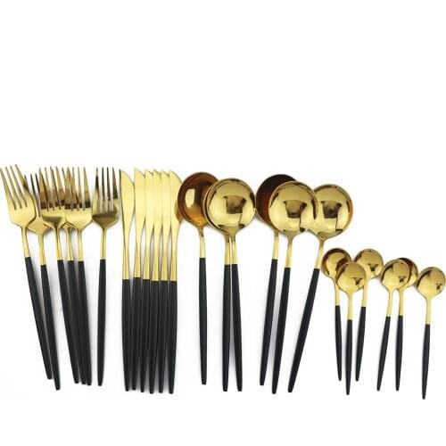 40Pcs/10Set Black Tableware Set 18/10 Stainless Steel Cutlery Set Kitchen Mirror Gold Dinnerware Set Knife Fork Spoon Dinner Set