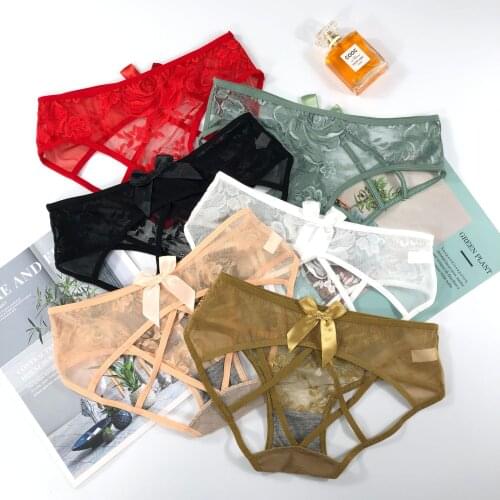 2021 Summer New Womens Underwear Traceless Lace Bowknot Breathable Graphene Antibacterial Crotch Thin Band Cross Hollow Sexy