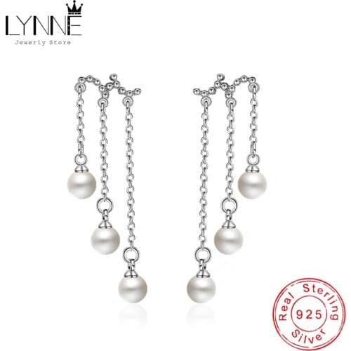 New Fashion 925 Sterling Silver Three Grain Pearl Tassel Pendant Earring Charm Ear Stud Pearl Drop Earrings Women Jewelry Gift