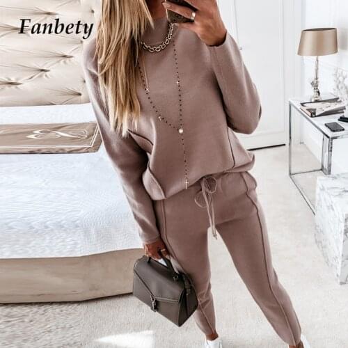 2020 Autumn Winter Casual Fashion Solid Color Two-Piece Suit Women Elegant Off Shoulder Tops Ladies Loose Lace-Up Sweatshirt Set