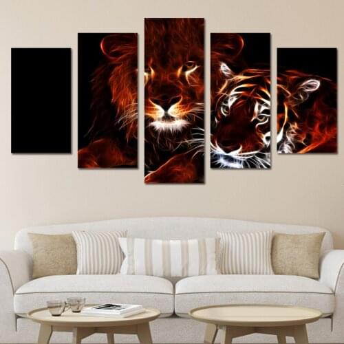 HD Printed glowing lion and tiger poster 5 pieces Group Painting room decor print poster picture canvas Free shipping/ny-821