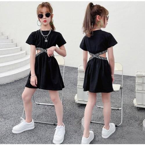Teen Girls Dress Kids Black Short Sleeve Off Waist Dress Children Summer Clothes Girls Korean Participate Show Dress 6 7 9 10 Y