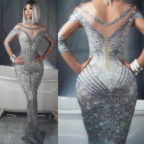 Spot Stage Costume Rhinestone Dress In Stock Evening Dresses Nightclub Singer Dancer Performance Costume Festival Rave Outfit