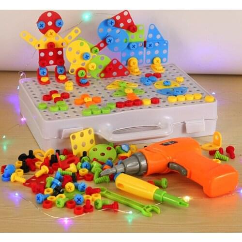 Drilling Screw 3D Creative Mosaic Puzzle Toys For Children Building Bricks Toys Kids DIY Electric Drill Set Boys Educational Toy