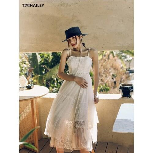 TIYIHAILEY Free Shipping 2021 New Summer Fashion Lace And Mesh Dresses Women Sleeveless White Beaded Spaghetti Strap S-L