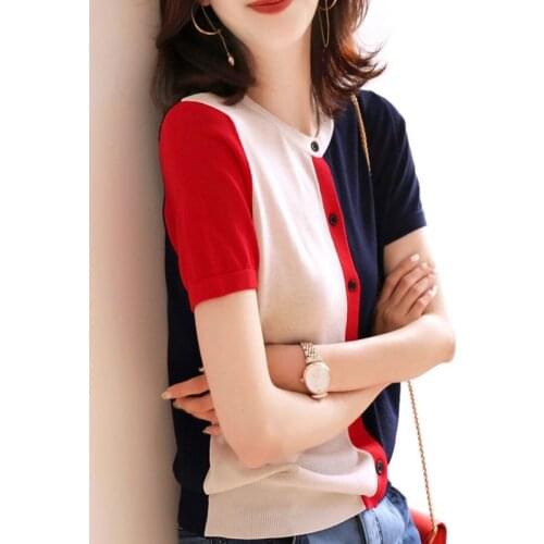 Color matching loose ice silk short sleeve T-shirt womens 2021 summer new color contrast thin knitted cardigan
