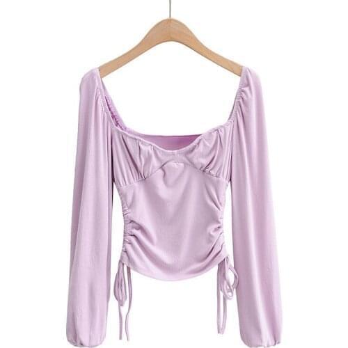 Spring and autumn new street square collar solid color short T-shirt women, sexy tight-fitting drawstring lantern sleeve T-shirt