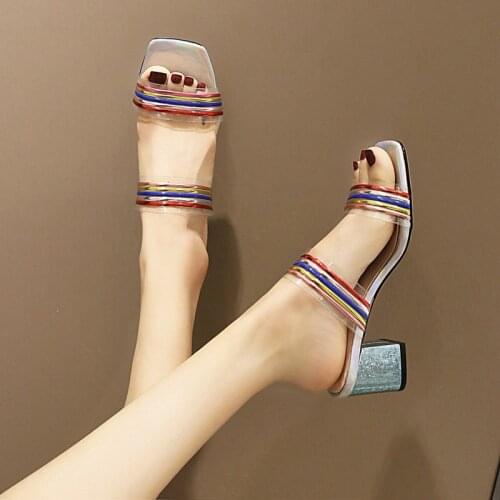 COOLULU Women Pvc Jelly Sandals Open Toe Square High Heel Slippers Slides Transparent Sandals Shoes for Ladies Size 33-48