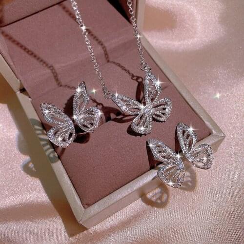 Romantic style hollow diamond butterfly adjustable ring earrings short necklace set ladies wedding anniversary jewelry