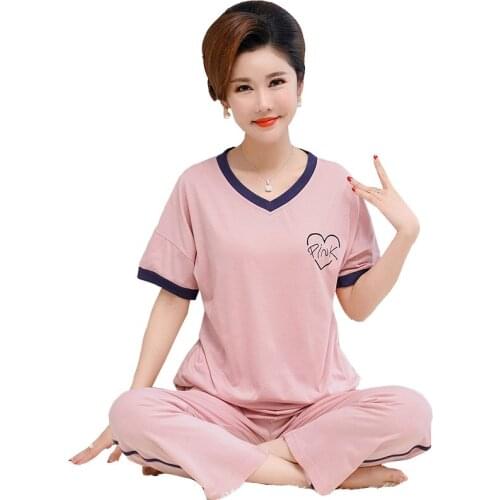 BIg Yards Womens Pajamas Sets V-Neck Full Cotton Pink Color Casual Tracksuit Soft Sleepwear Summer New Fashion Women Home Suit