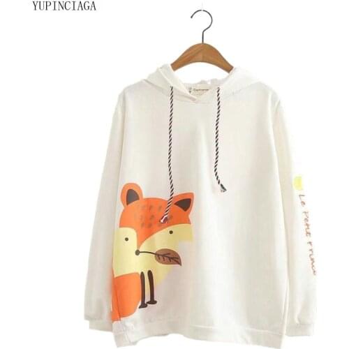 Women Harajuku Hoodie Preppy Style Cartoon Kawaii Fox Print Hooded Pullover With Ears On Hood Sweet Style Hoodies Sweatshirts
