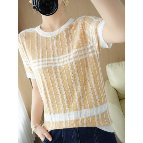Zocept Summer Womens O-Neck Sweater Short Sleeve Tops Ladies Casual Wool Blended T-Shirt Knitted Loose Color Striped Pullovers