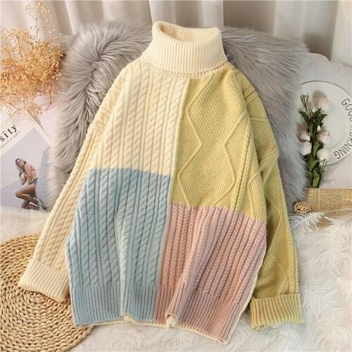 Patchwork Knitted Sweater Women Witner Turtleneck Ladies Casual Oversize Pullovers Fashion Loose Jumper Women Sueter Mujer