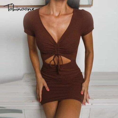 Tobinoone Drawstring Hollow Out Bodycon Dress Women V Neck Short Sleeve Pleated Sexy Mini Dresses Summer Casual Vestidos 2021