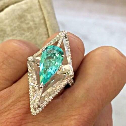 Womens Fashion Water Drop Shape Green Crystal Engagement Ring Popular Party Womens Rings Anniversary Jewelry Gift