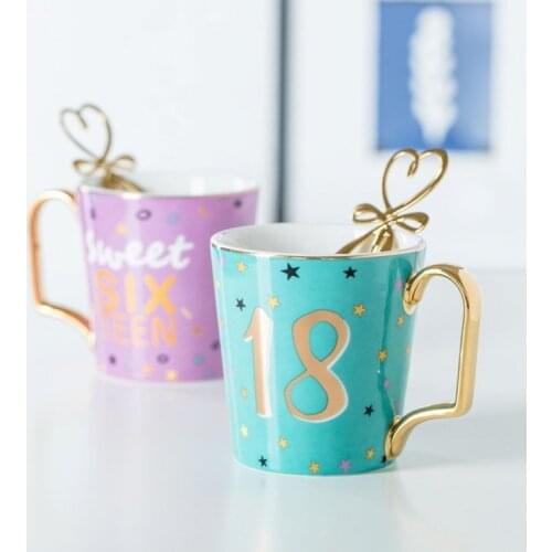 Gold Lucky Numbers Age 16 18 30 Animal Flamingo Cat Ceramic Coffee Mug Breakfast Milk Water Cup Couple Creative Birthday Gifts
