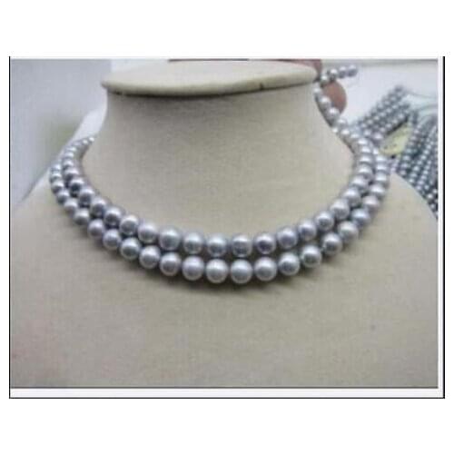 2 ROW NEW 8-9MM GRAY TAHITIAN PEARL NECKLACE 17-18 ''14k white GOLD CLAS
