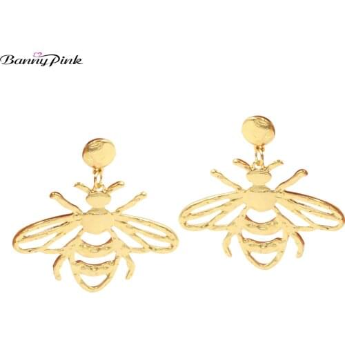 Banny Pink Large Hollow Honey Bee Pendant Studs Earrings For Women Cute Metal Insect Post Earrings Brincos Statement Earrings