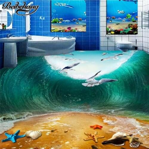 Beibehang Custom large wallpaper 3D living room floor stereo shock waves seabird beach toilet bathroom bedroom 3d floor painting
