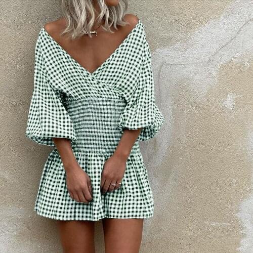 DUISNENA long boho dress v-neck summer dress plaid skirt off shoulder puff sleeve sexy mini dress vestidos