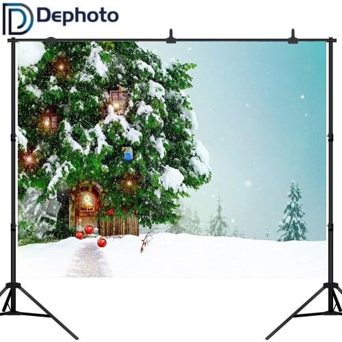 Dephoto Photography Background Snow Fairy Tale World Pine Trees Houselet Winter Christmas New Year Children Party Studio Prop