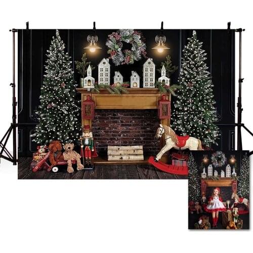 Mehofond Christmas Tree Backdrop Wood Floor Toys Fireplace Black Wall Baby Portrait Photography Background Studio Decorations
