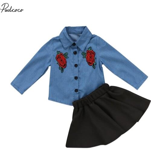 Helen115 Kids Baby Girl Clothes Flower Denim Shirt+black Skirt Outfits Clothes Set 1-6years