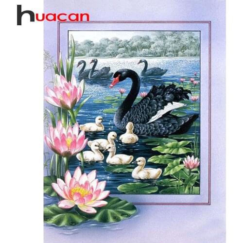 Huacan Diamond Painting Swan Lotus Diamand Embroidery Lake Flower Mosaic Handmade Gift Natural Landscape Diamond Art