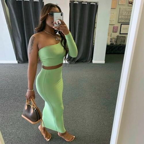 Echoine One Shoulder Sleeve Off Shoulder Crop Top Skirt Two Piece Set Sexy Bodycon Skinny Matching Set Outfits Party Streetwear