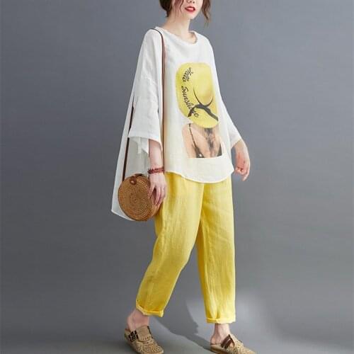 Single/Suit Loose Fashion Women Round Neck Irregular Printing T-Shirt+Elastic Waist Solid Nine-Point Pants Casual Two-Piece Set
