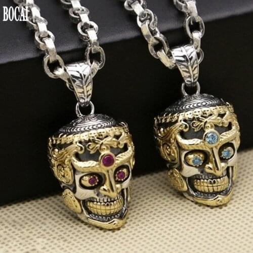 BOCAI 2020 real S925 sterling silver jewelry Inlaid zircon skull pendant for man Thai silver men pendant