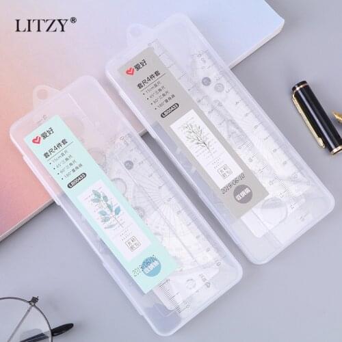 LITZY 4pcs Ruler Set Transparent Triangle Ruler Mathematical Draw Scale Ruler Cute Ruler Set for School Office Stationery Supply