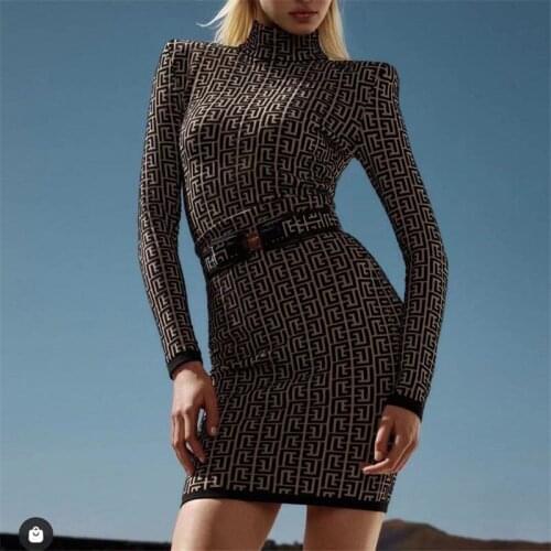 Mini Dress Chic Geometric Jacquard Bandage Vestidos Bodycon Long Sleeve Turtleneck Club Party Dresses Women