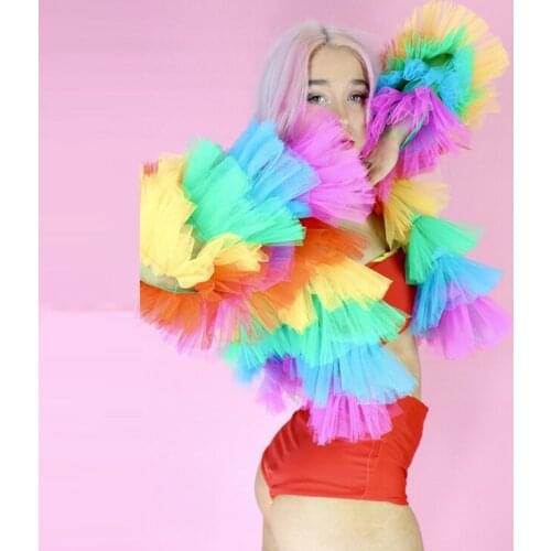Fashion Rainbow Tiered Tulle Women Jackets Long Sleeves Short Women Tops Summer Female Clothing Femme Veste