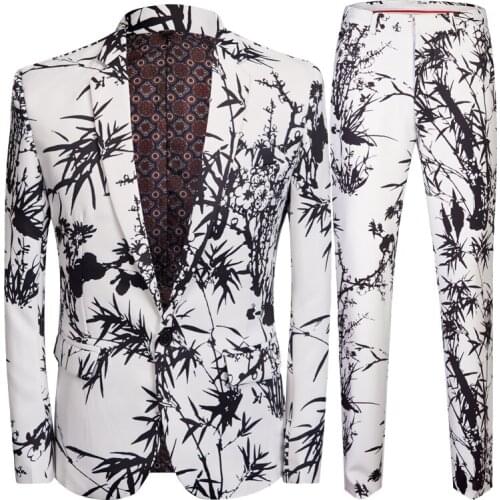 Two Pieces Mens Wedding Suit Two Pieces Black bamboo Printed Slim Fit Notch Lapel Tuxedos Tailcoat Best Men