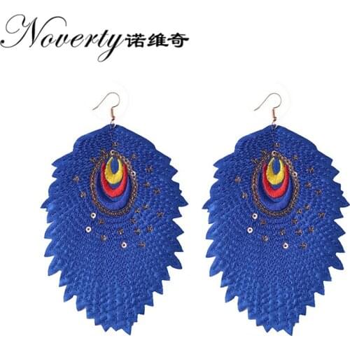 New Retro Bohemia Unique Blue Embroidered Peacock Feather Long Earring Womens Fashion Jewelry Accessories Gifts