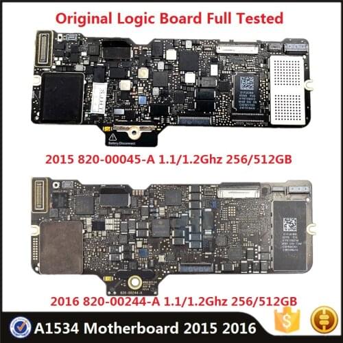Original 820-00045-A 820-00244-A Motherboard For MacBook Retina 12" 2015 2016 Year 1.1GHz 1.2GHz 256/512GB 8G Ram Logic Board