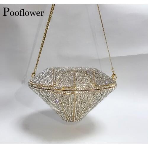 Pooflower Diamond Shape Minaudiere Evening Bags for Women Gold Silver Diamonds Clutch Purse Lady Wedding Party Crystal Bag ZH297